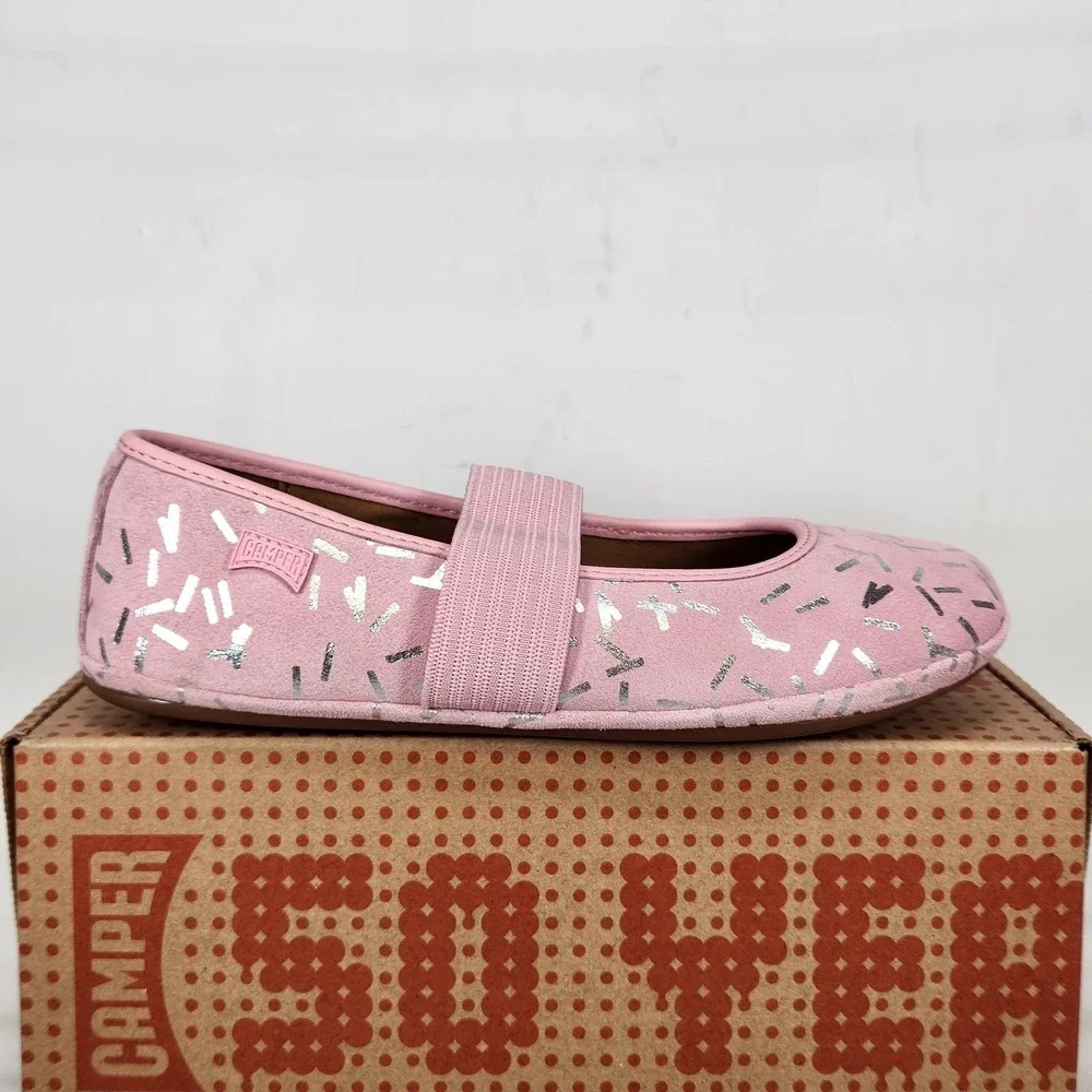 Camper Right Kids Ballet Flat Size 2 Pink Silver Confetti Metallic Suede Shoe